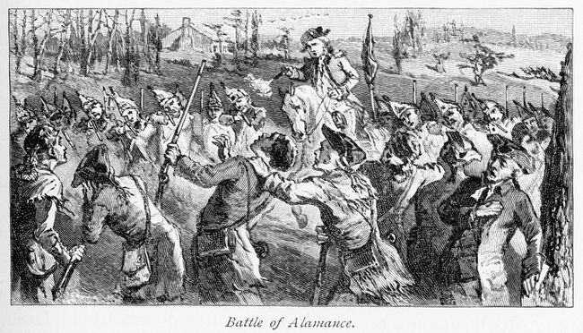 Síly milice guvernéra Tryona střílející na Regulátory během bitvy o Alamance, poslední bitvy Války nařízení.