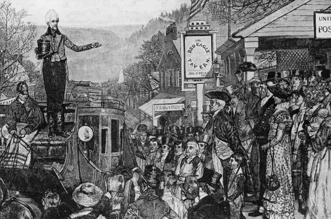 Černobílá ilustrace Andrewa Jacksona mávajícího davům