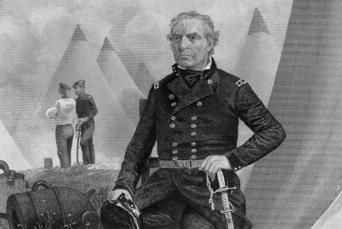 Rytý portrét Zacharyho Taylora ve vojenské uniformě.