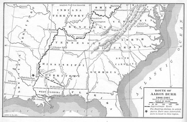 Mapa ilustruje přibližnou trasu bývalého amerického viceprezidenta Aarona Burra během jeho cesty po řece Mississippi v tom, co se stalo známým jako Burrovo spiknutí v letech 1806-1807